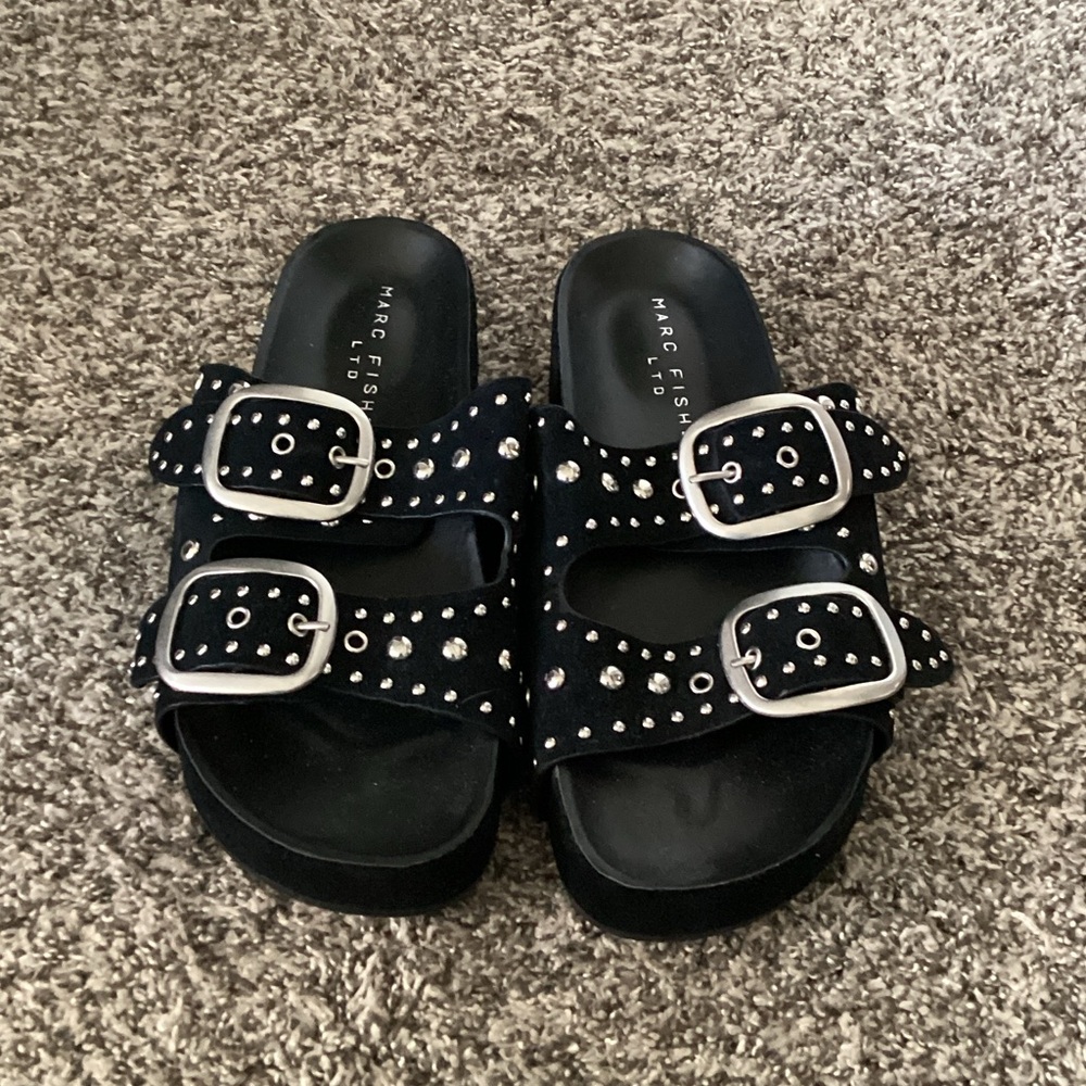 Marc Fisher Sayge Black Slides with Silver Buckles